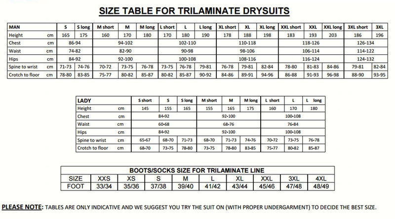Size Chart for RS450k Trilaminate Drysuit
