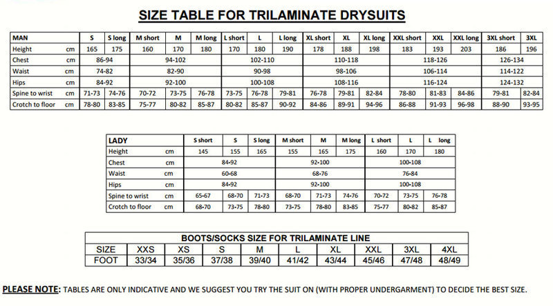 Size Chart for RS350HD Trilaminate Drysuit