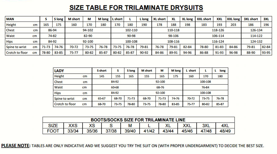 Size Chart for RS X Trilaminate Drysuit