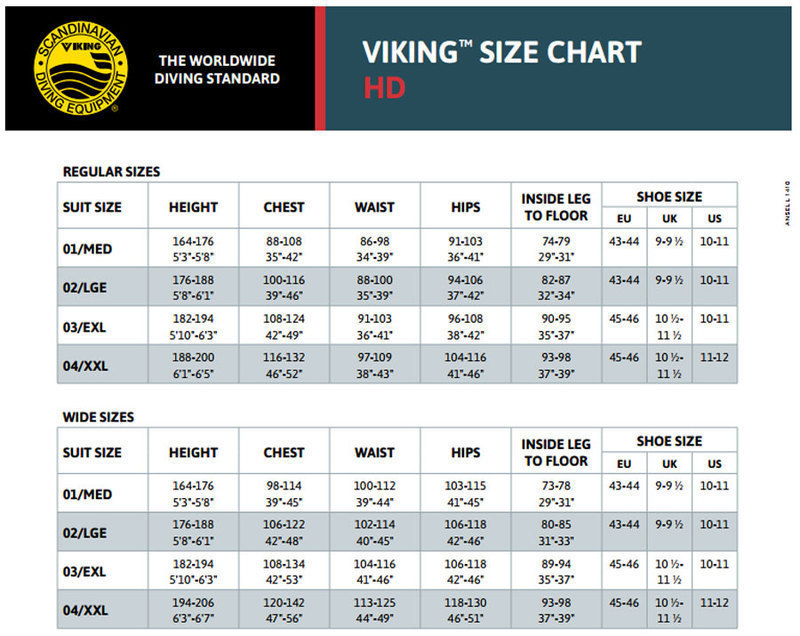 Size Chart for Viking HD 1550 Drysuit