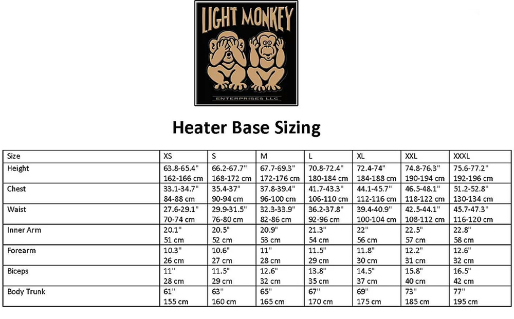 Size Chart for Heater Base Long Sleeve Shirt - Heated Vest
