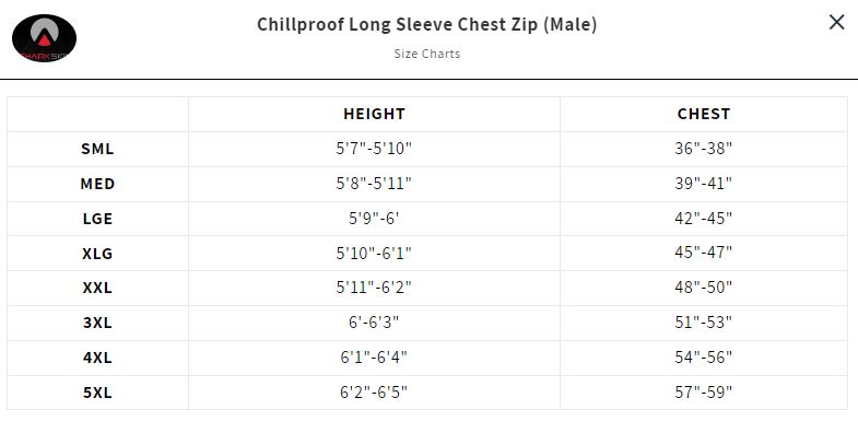Size Chart for Mens Chillproof Long Sleeve Chest Zip - Large - Closeout