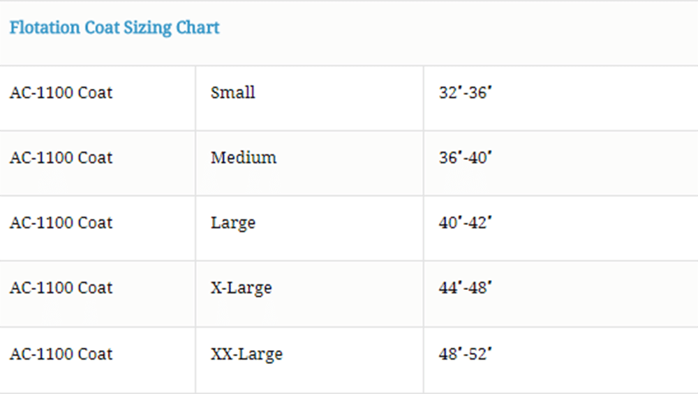 Size Chart for Watch Floatation Coat