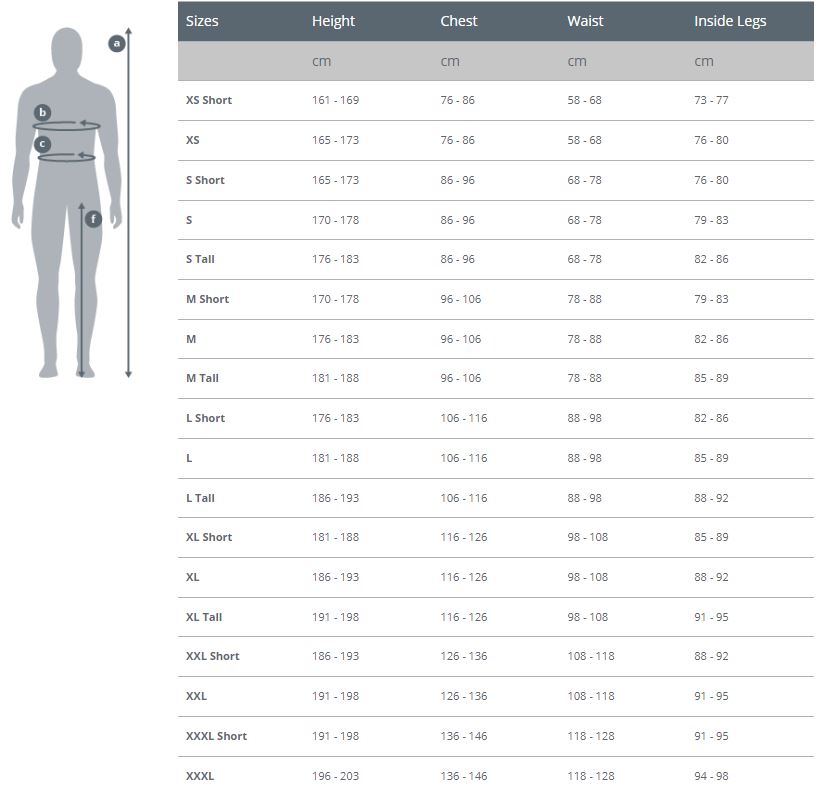 Size Chart for RF2 Hooded Jacket