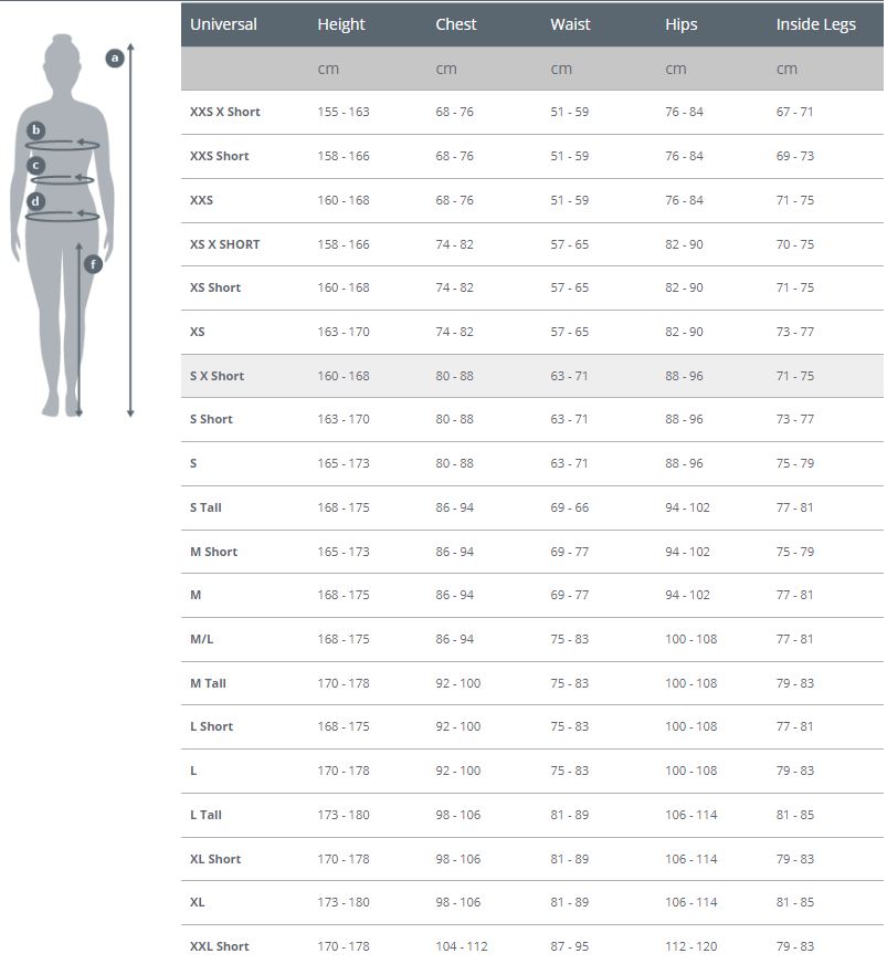 Female Size Chart for RF2 Leggings