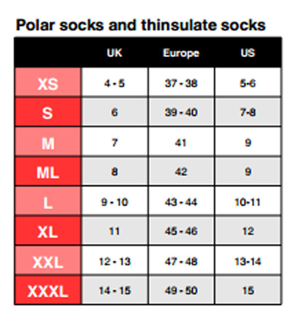 Size Chart for Primaloft® Comfort Socks