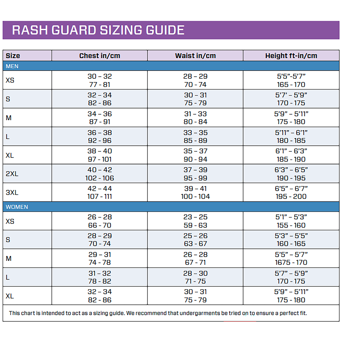 Size Chart for UPF 50 RASH GUARD, LONG SLEEVE, MEN