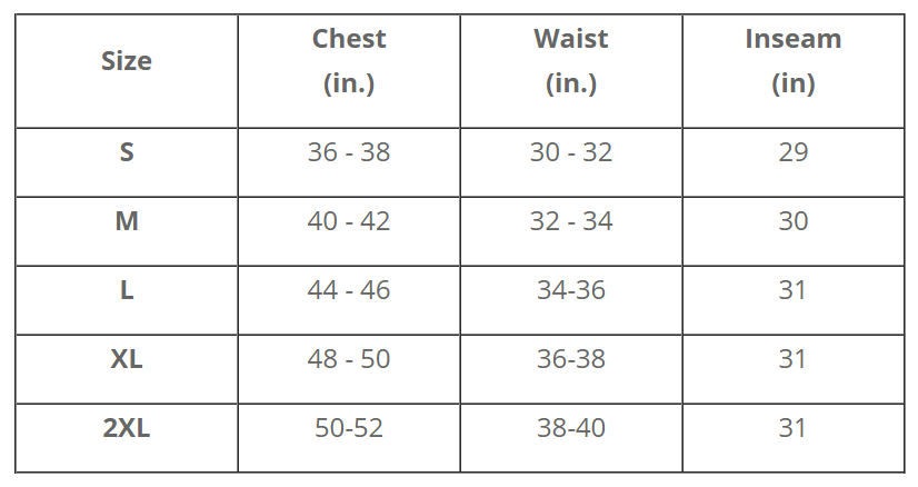 Size Chart for Rapid Rescue Extreme™+ Surface Dry Suit 