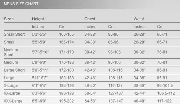 Size Chart for Mens Thermocline Full Suit