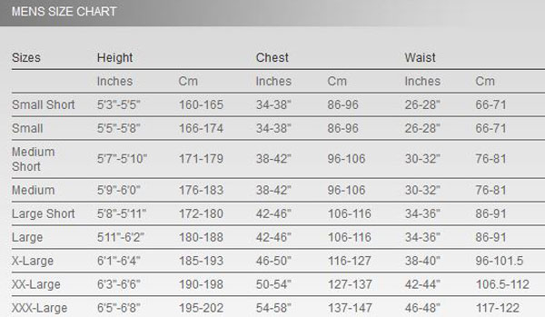 Size Chart for Thermocline One Piece Wetsuit - Front Zip