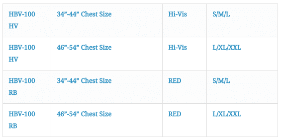 Size Chart for Hi-Buoyancy White Water Rescue Vest