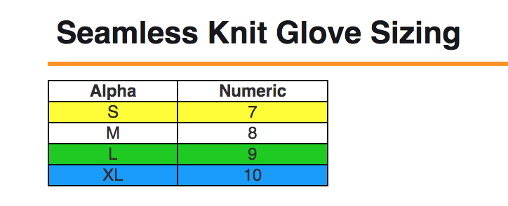 Size Chart for Good Grip Latex Gloves with Liner