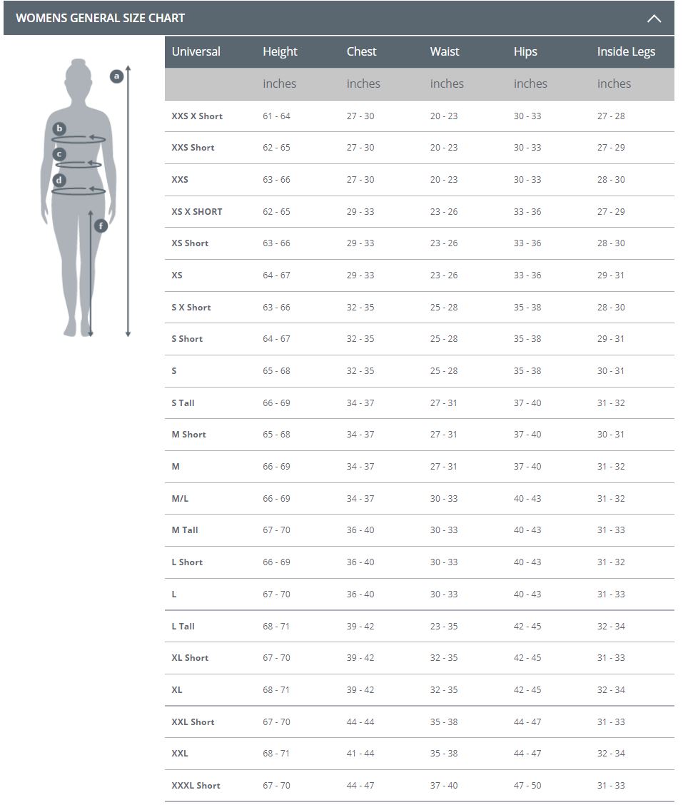Female Size Chart for Xerotherm Hoodie