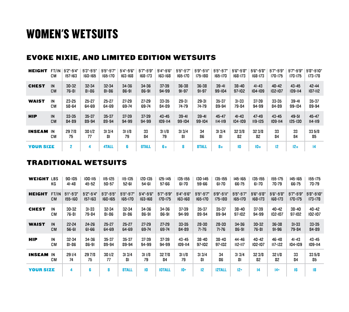 Female Size Chart for EXOWEAR Long Sleeve Top