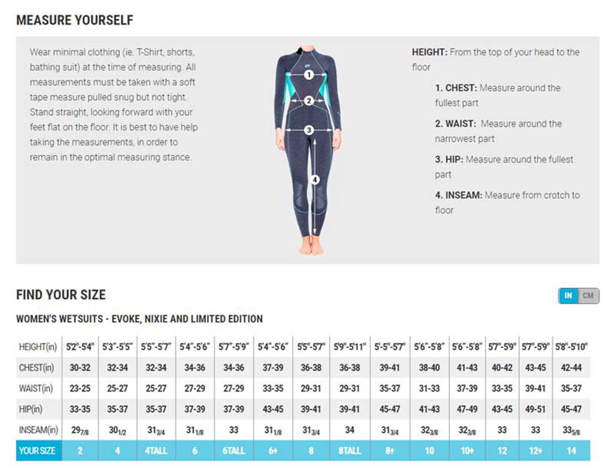 Female Size Chart for Nixie Ultra 3/2mm Women's Wetsuit